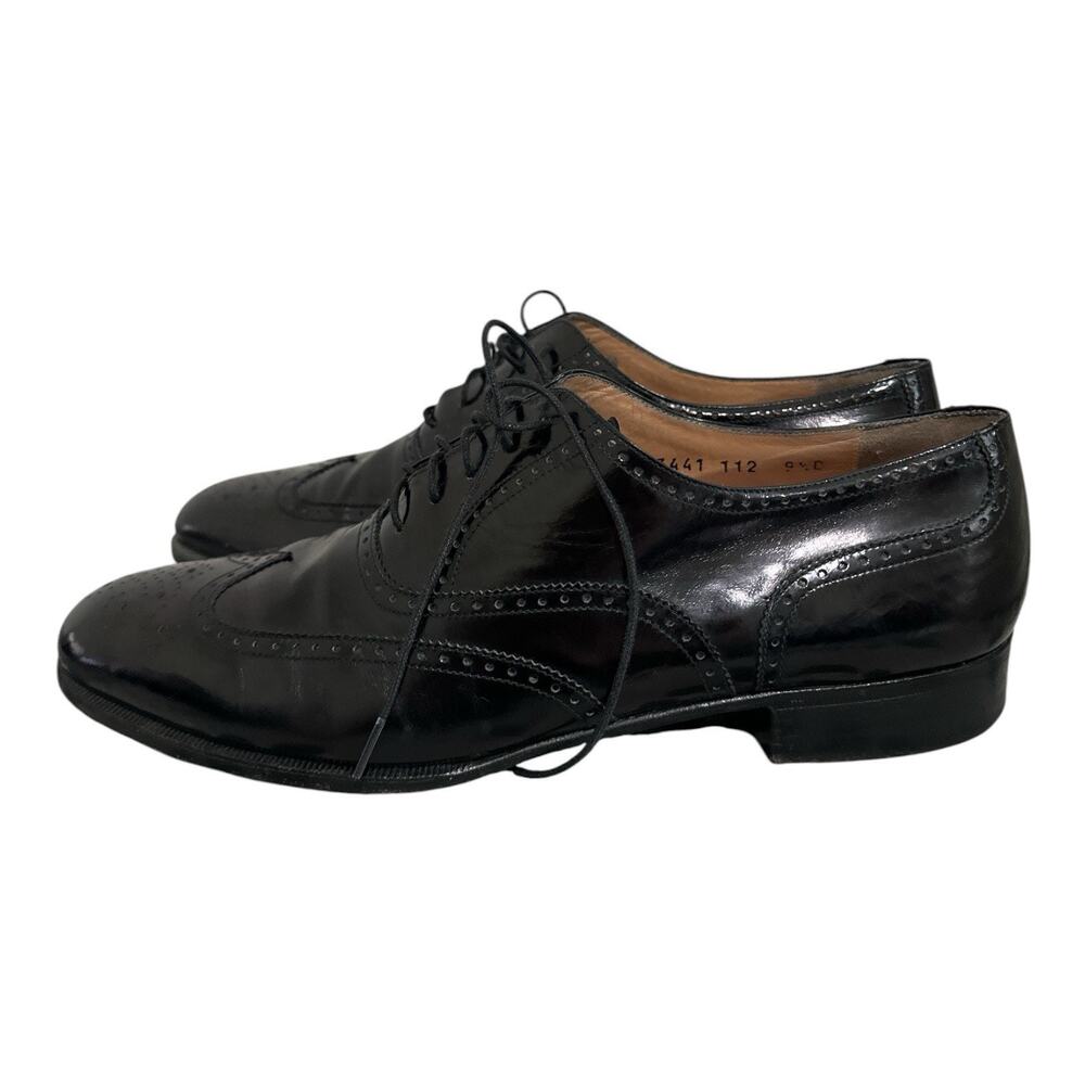 Salvatore Ferragamo 3441 Black Leather Wingtip Brogue Oxford Shoes 9.5 D Italy